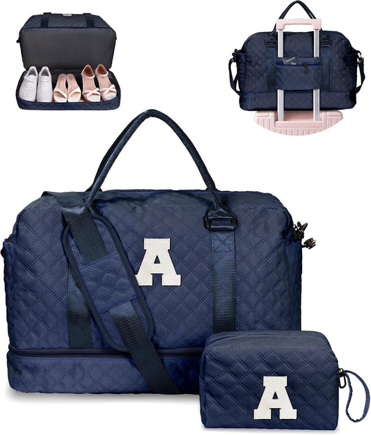 Women's Initial Duffle Bag - Personalized Weekender with Shoe & Makeup Compartments, Monogram Overnight Bag (Letter A)