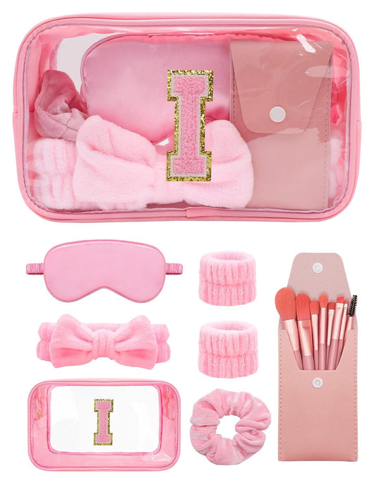 Gift Sets for Women, Initial Makeup Bag with Makeup Brush Set Bachelorette Party Favors, Pink Spa Kit with Skincare Headbands Wrist Bands Sleepover Party Supplies Gifts for Teen Girls Bridesmaid I