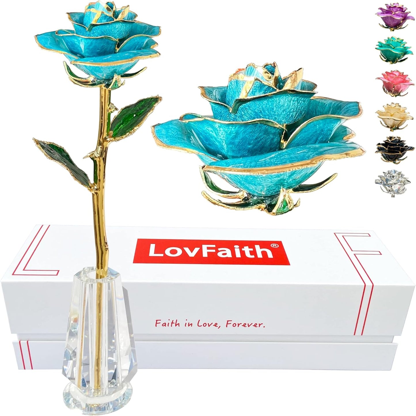 Valentine Gift Real Rose Dipped 24K Gold with Crystal Stand, Best Anniversary Rose Gift for Her Wife Mother Birthday Christmas (C22. Light Blue -Thick Gold Blooming)