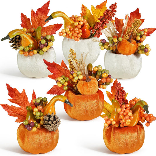 Artmag Set of 6 Artificial Pumpkins Decorations, Decorative Fabric Orange Pumpkin with Maple Berry Acorn Pine Cone Vegetables for Fall Thanksgiving Harvest Party Home Tabletop