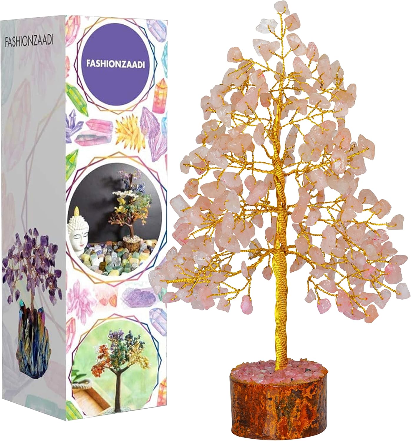 FASHIONZAADI Crystal Tree of Life with Rose Quartz - Pink Gemstone Bonsai for Positive Vibes - Feng Shui Money Tree for Meditation, Healing & Home Decoration