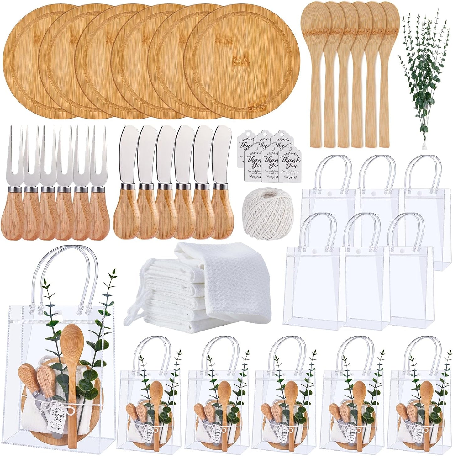 55Pcs Baby Shower Prizes for Game Winners 6 Sets Cheese Board Spoon Fork Butter Spreaders Plaid Towel Thank You Card and Gift Bags for Baby Shower Wedding Bridal Shower Favors (Round Shaped)