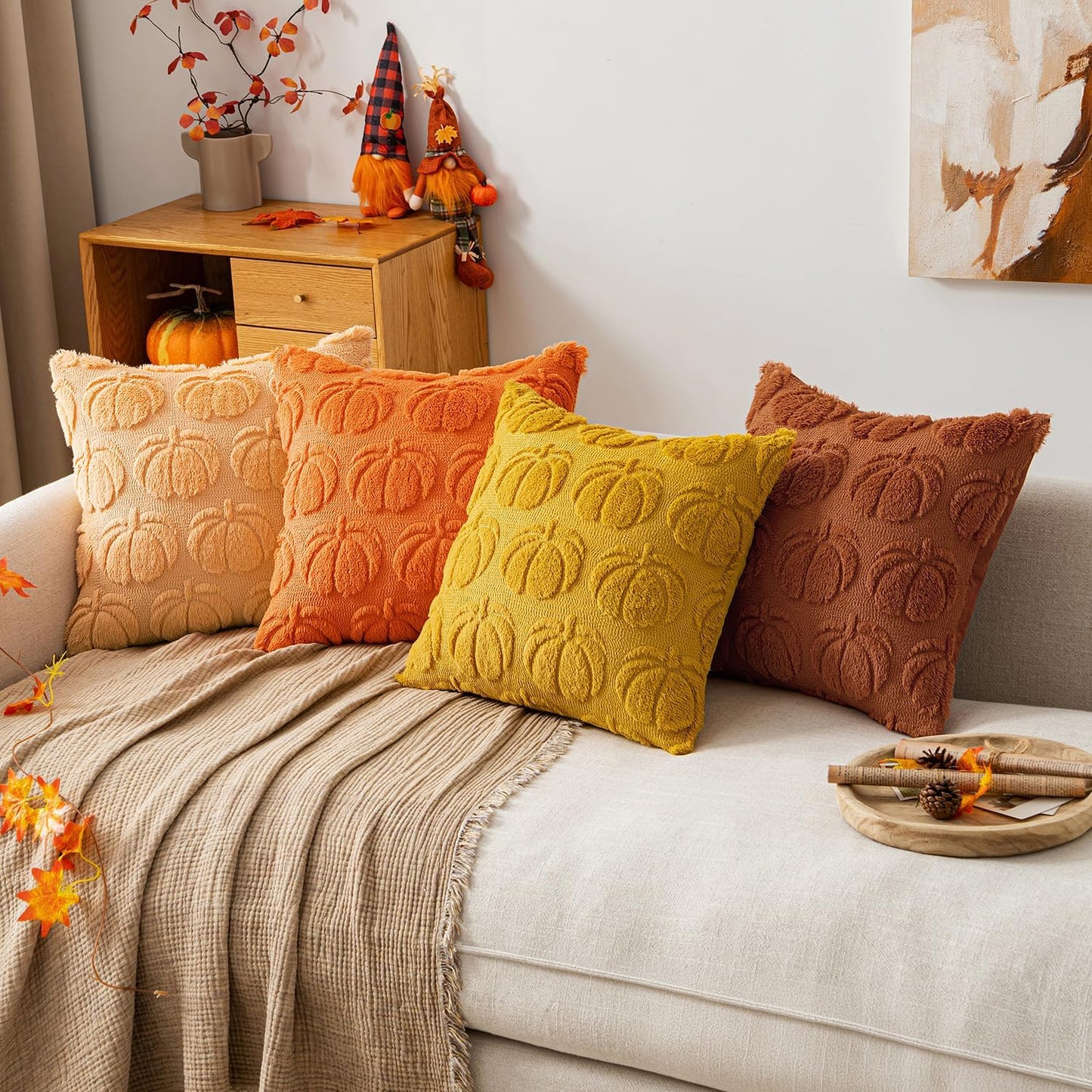 MIULEE Fall Pumpkin Pillow Covers 18x18 Inch Set of 4 - Soft Cozy Plush Decorative Pillows with Embroidered Pumpkin Pattern Autumn Halloween Holiday Decor for Sofa Couch Bed Living Room,Rust-Orange