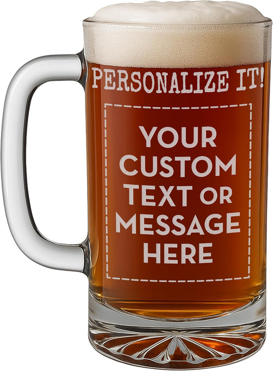 Personalized Engraved 16oz Glass Beer Mug - Custom Beer Gifts, Customized Father's Day, Gift for Dad, Birthday Present for Him, Boyfriend Brother, Gifts for Men Etched - Prime Your Text Here