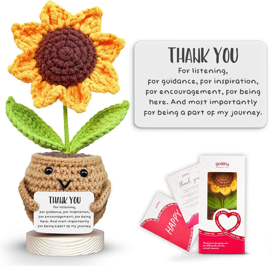 Gossby Handmade Positive Sunflower Doll Crochet with Card - Thank You for Listening - Appreciation Gift for Coworker, Friend - Mothers Day Christmas, Birthday, Thank You Gift Women, Men