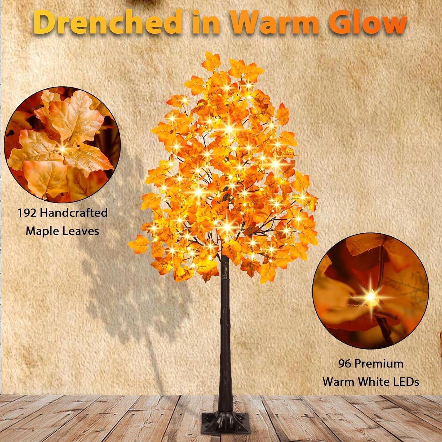 5FT 96LED Artificial Lighted Maple Tree, Fall Tree with Warm White Lights and Maple Leaves for Thanksgiving, Christmas, Autumn Harvest Outdoor Indoor Home Decorations