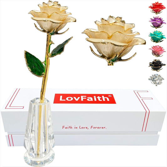 Valentine Gift Real Rose Dipped 24K Gold with Crystal Stand, Best Anniversary Rose Gift for Her Wife Mother Birthday Christmas (C71. Ivory -Thick Gold Blooming)