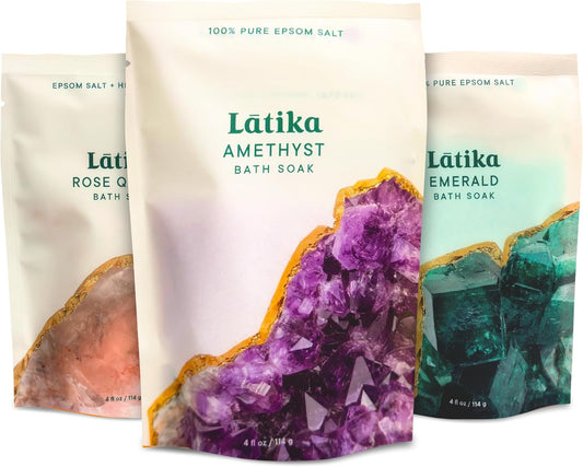 Geode-Inspired Bath Soak Set of 3 - Amethyst, Rose Quartz & Emerald with Essential Oils & Epsom Salt - Sandalwood, Lavender, Sage & Eucalyptus for Stress Relief, Muscle Recovery & Skin Care
