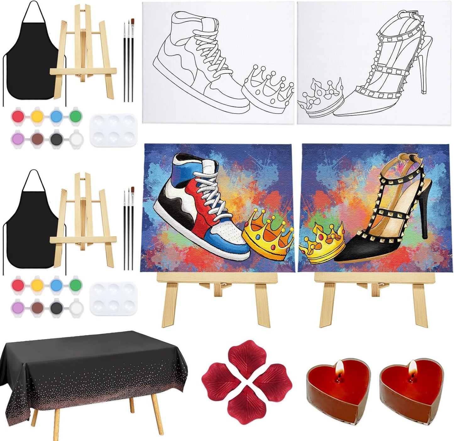 Nuberlic Date Night Painting Kit for Couples Sip and Paint Kit for Adults Couples Pre Drawn Canvas to Paint for Adults King Queen Couple Shoe Valentines Date Night Party 2 Pack 8" X 10"