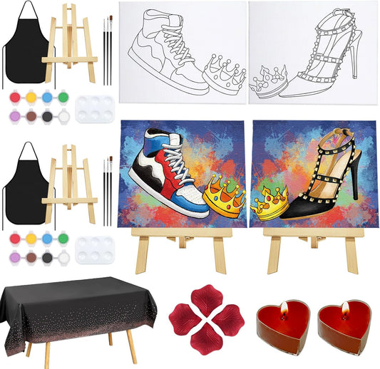 Nuberlic Date Night Painting Kit for Couples Sip and Paint Kit for Adults Couples Pre Drawn Canvas to Paint for Adults King Queen Couple Shoe Valentines Date Night Party 2 Pack 8" X 10"