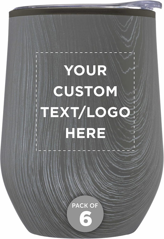 Custom Palmera Stemless Wine Tumblers with Lids 12 oz. Set of 6, Personalized Bulk Pack - Perfect for Wine, Cocktails, Other Hot & Cold Beverages - Rustic Grey