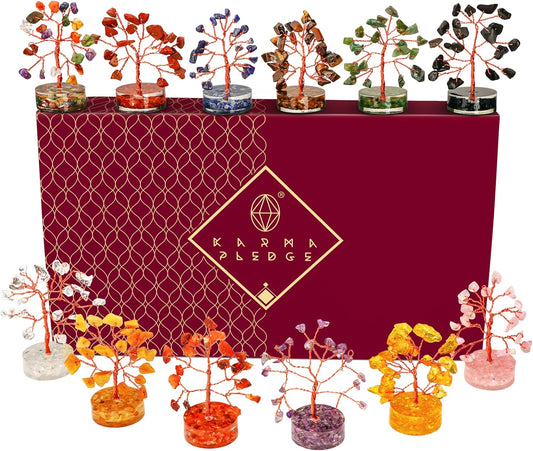 Crystal Tree Desk Decoration, Tree of Life 7 Chakra Healing Crystals & Stones for Positive Energy, Good Luck Gifts for Women and Mens, Set of 12 Handcrafted Trees for Home & Office (Orgone Base)