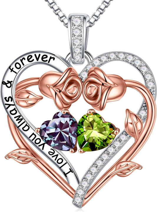 Iefil Rose Heart Double Birthstone Necklace Gifts for Wife Her Mom Women, Birthstone Jewelry Gemstone Birthday Gifts for Girlfriend Grandma Her Wife Women