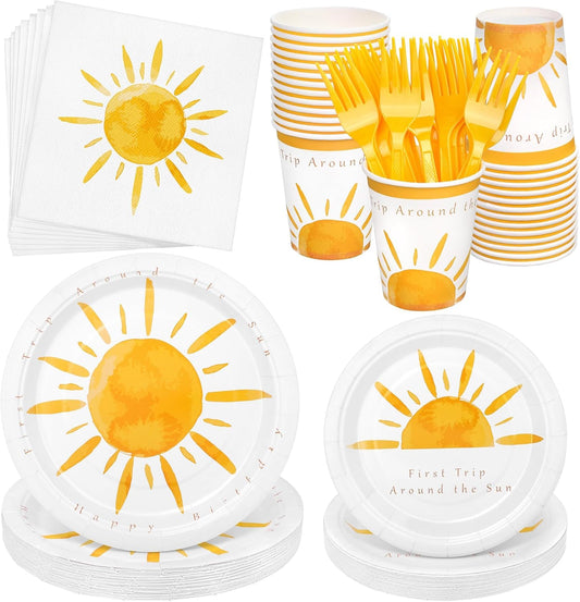 144 Pieces Boho Sun Birthday Party Decorations Tableware Sets Including Disposable Bohemia Sunshine Plates Napkins Cups Forks Serves 24 for Sun Baby Shower Party Supplies