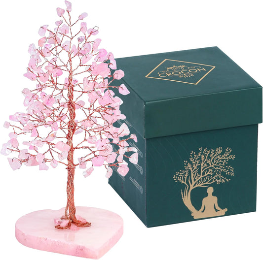 Crocon Crystal Heart Base Tree of Life Gifts for Women, Rose Quartz Healing Crystals Tree Brings Positive Energy, Good Luck, Money, Feng Shui Home & Office Desk Decor, for Mom & Wife Present