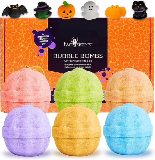 Halloween Bath Bomb for Kids with Surprise Toys Inside (6 Pack) - Large Pumpkin Spooky Bombs for Boys & Girls – Made in USA, Boo Basket Stuffers for Teens by Two Sisters