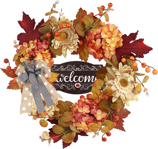 Fall Wreaths for Front Door Outside Decor, 20" Chrysanthemum Red Berry Maple Leaves Wreath Decorations with Bow and Hanging Sign for Thanksgiving Home Outdoor Indoor Porch Harvest Autumn