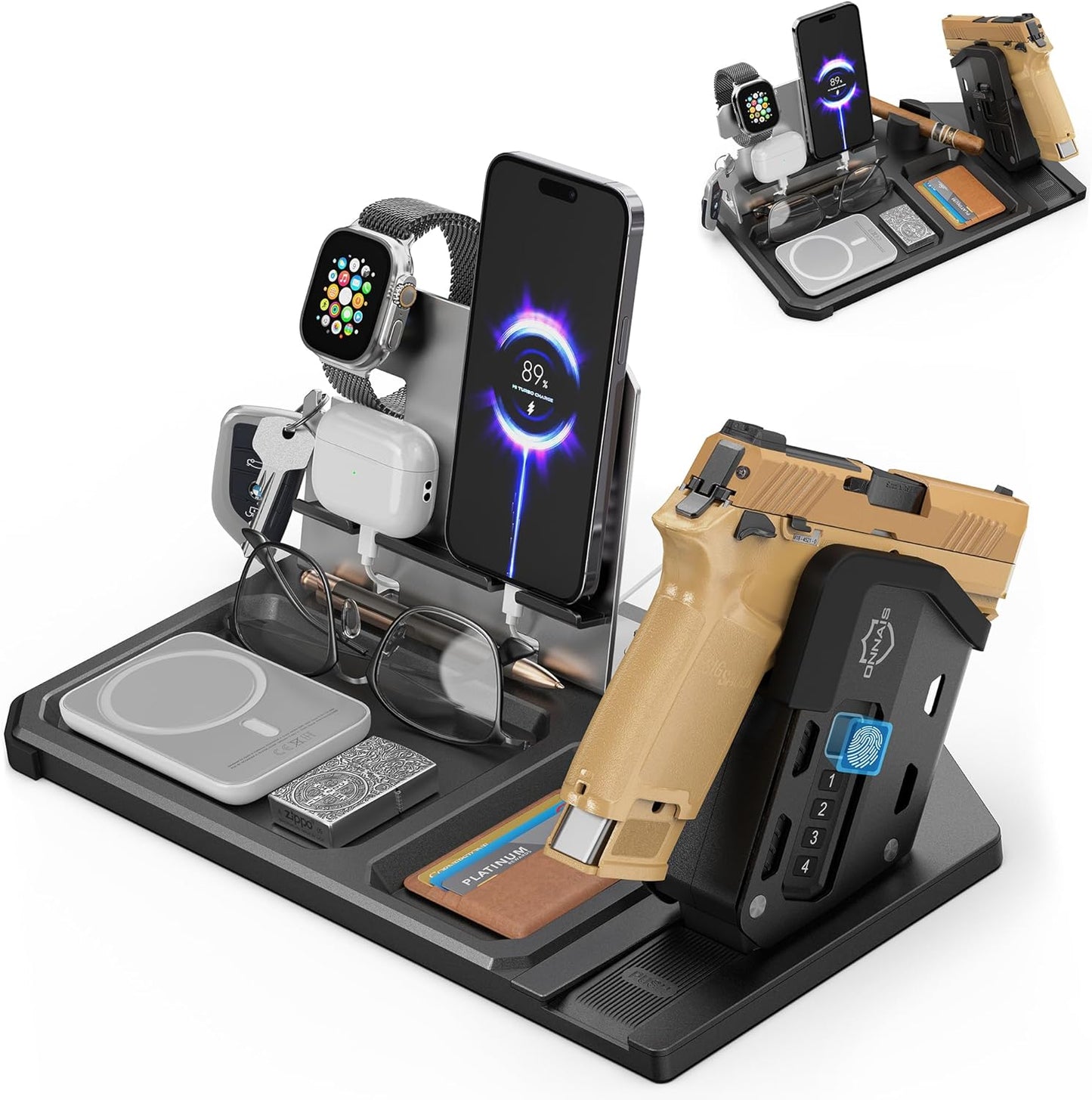 ONNAIS Gun Rack Trigger Lock - Detachable One-Hand Quick-Access Pistol Rack with Handgun Safe, All-in-One Desk & Nightstand Organizer with Phone Stand, Gun Accessories & Birthday Gifts for Men