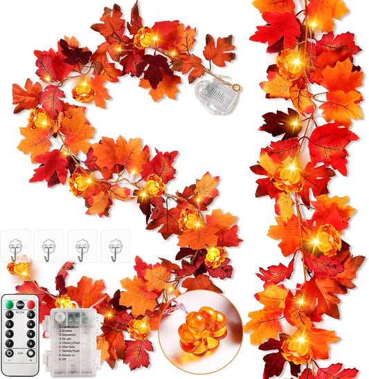 VIHOSE 2 Pack Thanksgiving Maple Leaves Garland Fall Decor 11.5 ft 40 LED with Pumpkin Lights Battery Operated and Timer Remote for Home Thanksgiving Halloween Decor(Reddish Brown)