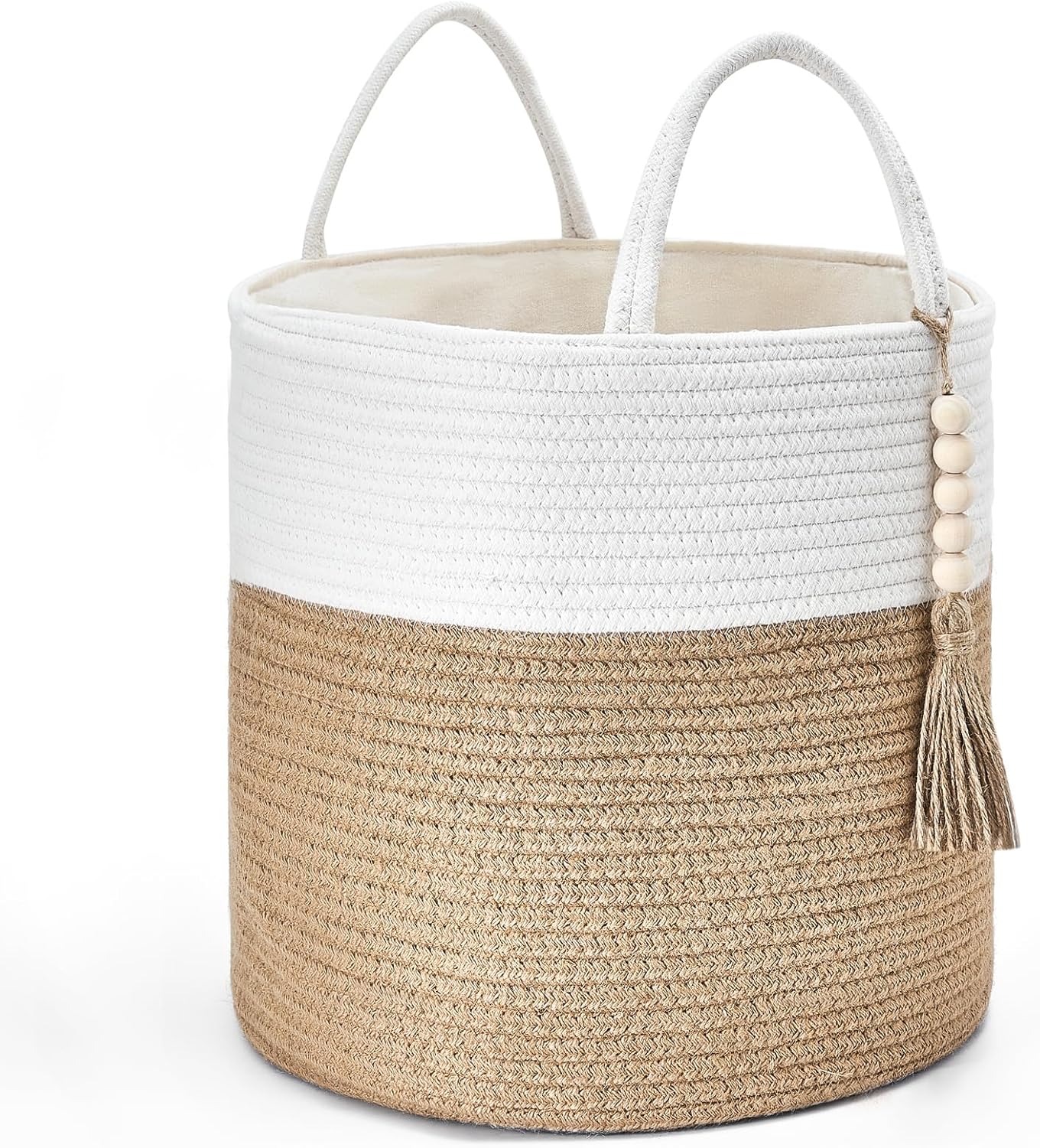 Mkono Woven Storage Basket Decorative Rope Basket Wooden Bead Decoration for Blankets,Toys,Clothes,Shoes,Plant Organizer Bin with Handles Living Room Home Decor, 11" W × 11" L, Cream White and Brown