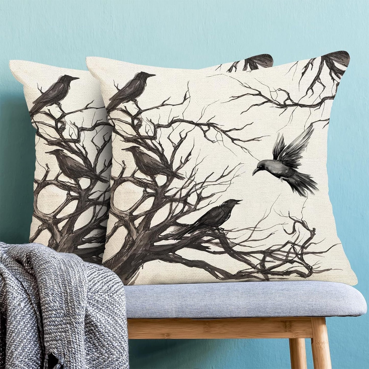 Halloween Pillow Covers 16x16 Inch Set of 2 Black Crows Branch Decorative Farmhouse Throw Pillow Covers Outdoor Halloween Decor Linen Cushion Case for Couch Home Sofa Decorations