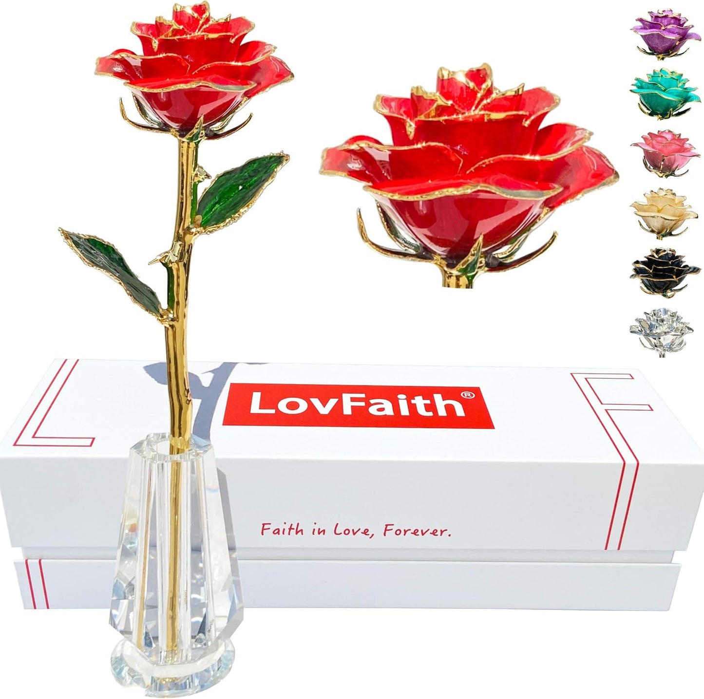 Valentine Gift Real Rose Dipped 24K Gold with Crystal Stand, Best Anniversary Rose Gift for Her Wife Mother Birthday Christmas (C11. Red -Thick Gold Blooming)