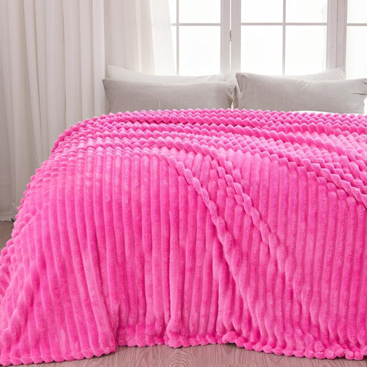 NEWCOSPLAY Super Soft King Blanket Hot Pink Premium Silky Flannel Fleece 3D Ribbed Jacquard Lightweight Bed Blanket All Season Use (Hot Pink Ribbed, King(90"x110"))