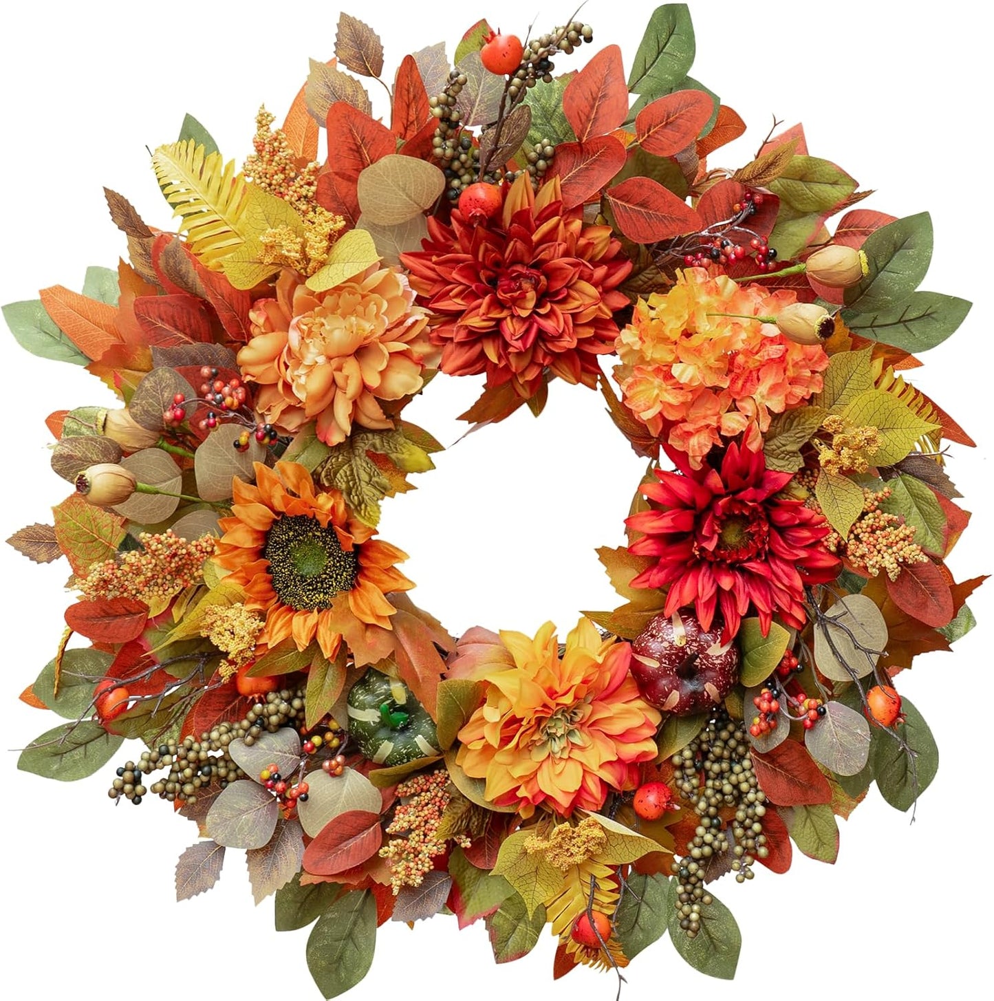 Fall Wreaths for Front Door Outside- 24 Inch Autumn Wreath with Sunflowers, Pumpkins, Peony, Dahlias & Eucalyptus Leaves- Fall Decorations for Home,Thanksgiving & Halloween Front Door Decor