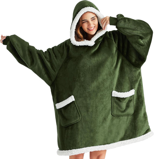Bedsure Blanket Hoodie, Wearable Blanket for Adults & Kids as Gifts for Women Men, Birthday Gifts for Women Mom Girl Sherpa Oversized Hoodie, Olive Green, Small