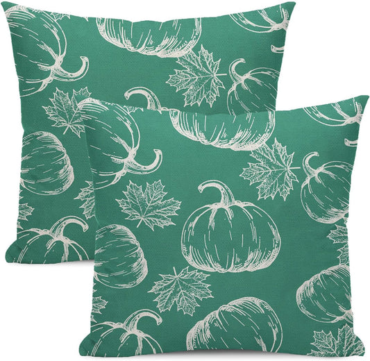 Fall Pillow Covers 18x18 Set of 2 Teal Maple Leaves Throw Pillow Covers Outdoor Decor Thanksgiving Decorative Linen Cushion Covers for Home Sofa Couch