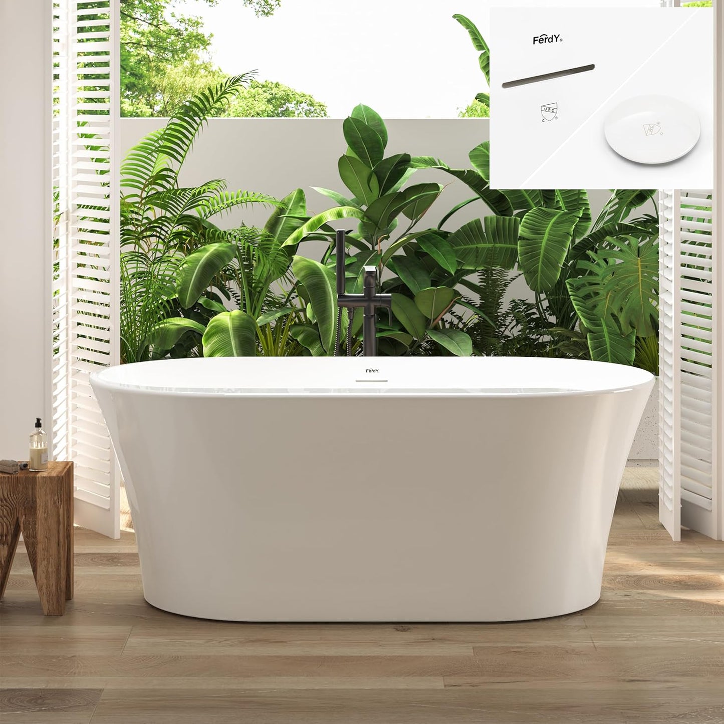 FerdY Mauritius 59" Acrylic Freestanding Tub, Oval Contemporary Soaker Tub, Extra Deep Bathtub, Gloss White Drainage and Minimalist Linear Design Overflow, Modern White, cUPC Certified