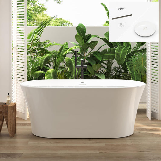 FerdY Mauritius 59" Acrylic Freestanding Tub, Oval Contemporary Soaker Tub, Extra Deep Bathtub, Gloss White Drainage and Minimalist Linear Design Overflow, Modern White, cUPC Certified