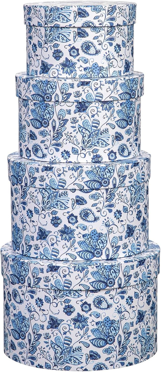 Round Gift Boxes with Lids 4PCS Blue Flower Print Gift Box for Presents Nesting Assorted Sizes Present Boxes for Christmas Birthday Valentines Party Gift Wrap