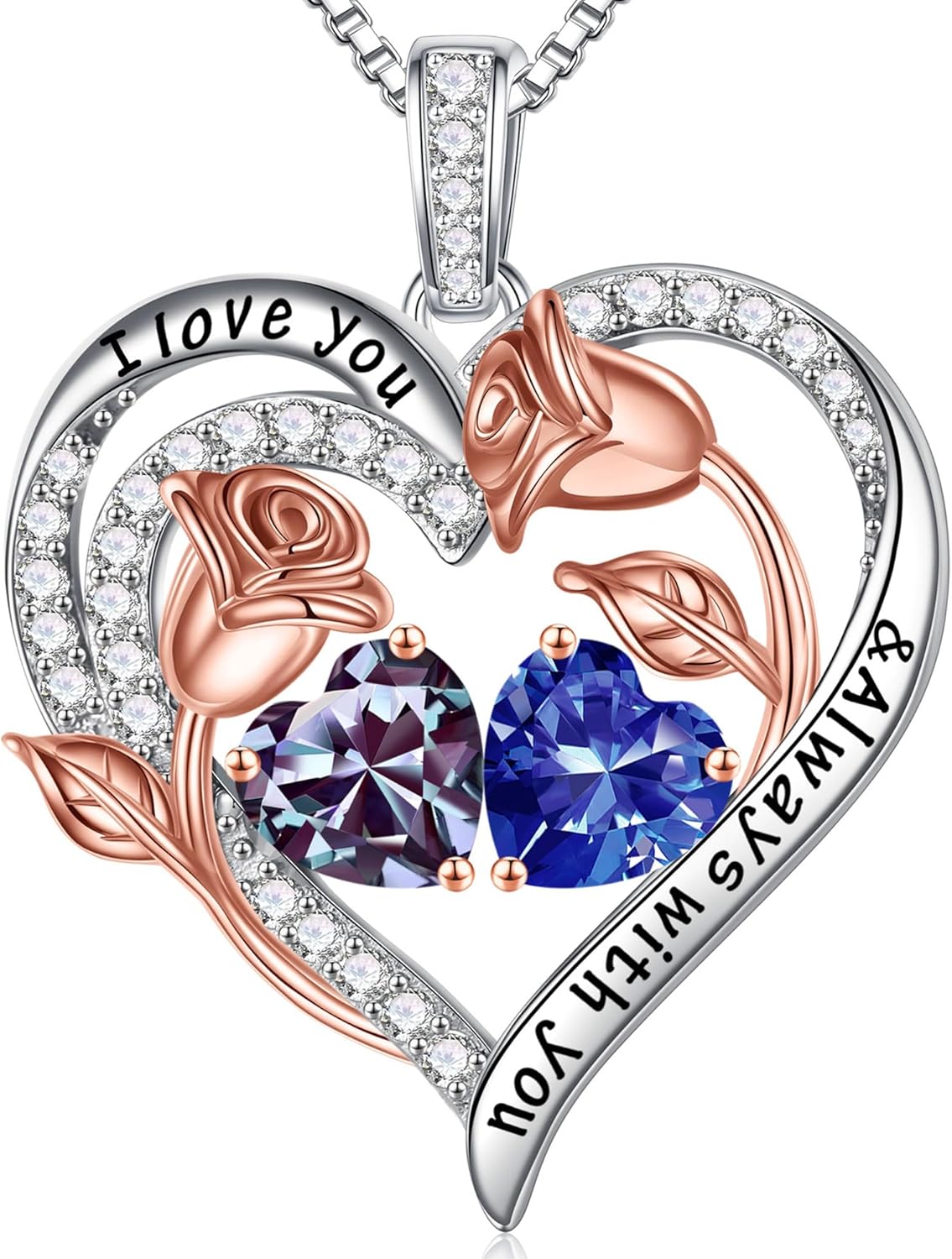 Iefil Birthstone Necklace for Women - 925 Sterling Silver Rose Heart Birthstone Necklace Birthday Anniversary Jewelry Gifts for Her Wife Mom Daughter