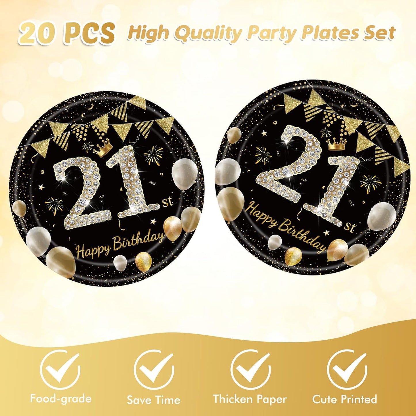 41Pcs 21st Birthday Decorations for Boy Girls, Black Gold 21 Year Old Happpy Birthday Girl Decorations include Plates Napkins Tablecloth for Official Teenager 21st Birth Party