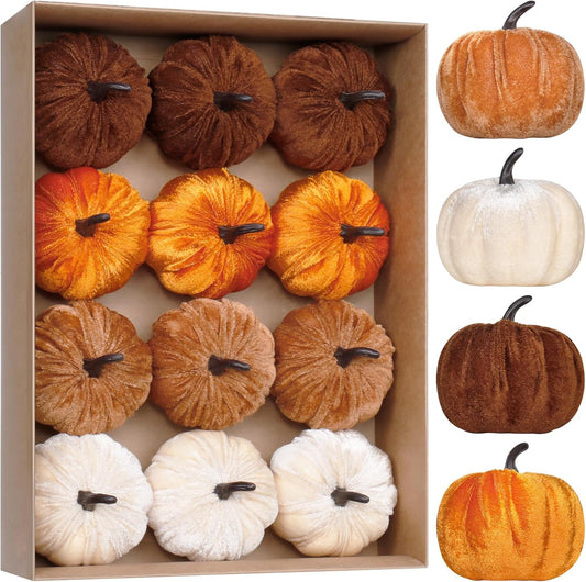 Super Holiday 12PCS Artificial Velvet Pumpkins Decor, 4 Colors Foam Faux Flocked Pumpkins Decoration for Fall Harvest Theme Party Wedding Halloween Thanksgiving Table Decor.