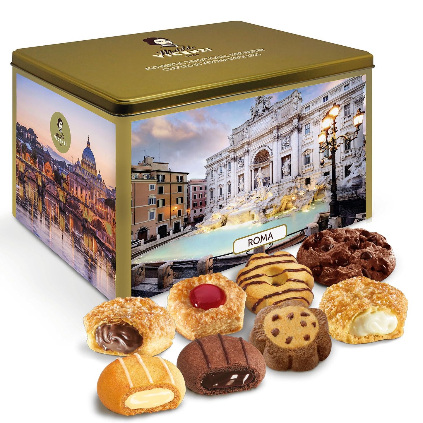 Matilde Vicenzi Roma Cookie Gift Tin - Italian Pastries & Cookies in Individually Wrapped Trays - Bakery Dessert Gifts For Birthdays, Thank You, Get Well and Every Special Occassion - Puff Pastry, Assorted Cookies in Italian Design Gift Tin 32.5oz (920g)
