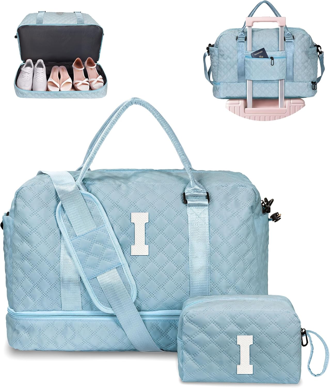 Gifts for Friends - Initial Personalized Weekender Duffle Bag with Shoe Compartment and Travel Makeup Bag for Daughter or Sister (Letter I)