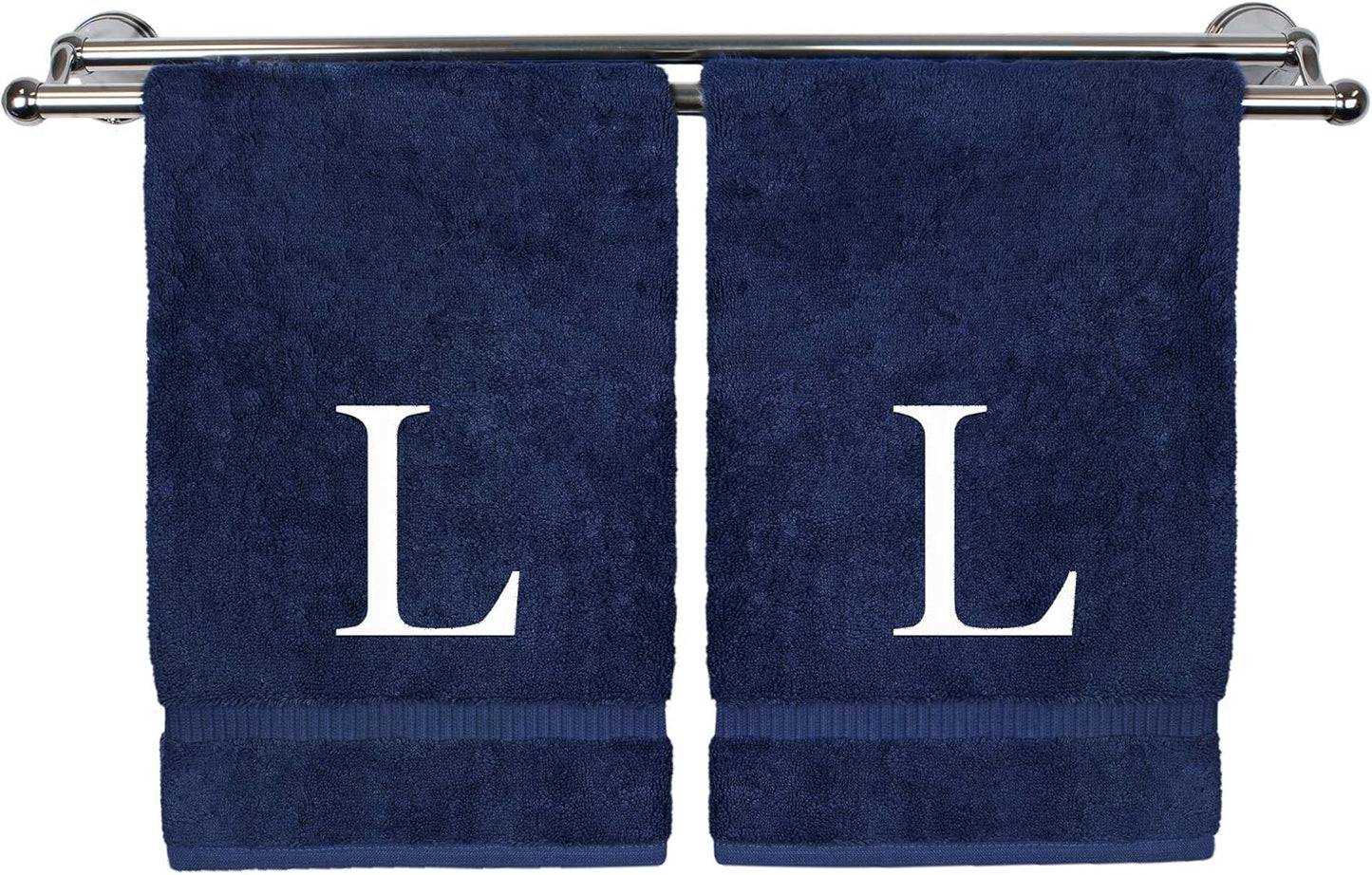 Monogrammed Hand Towel, Personalized Gift, Set of 2- White Block Letter Embroidered Towel - Extra Absorbent 100% Turkish Cotton - Soft Terry Finish - Initial L Navy