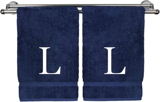 Monogrammed Hand Towel, Personalized Gift, Set of 2- White Block Letter Embroidered Towel - Extra Absorbent 100% Turkish Cotton - Soft Terry Finish - Initial L Navy