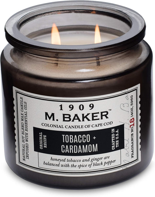 Colonial Candle Tobacco Cardamom Scented Jar Candle | 2-Wick Natural Soy Blend Wax Candle for Home | Relaxing Aromatherapy Candle Infused with Essential Oils | M. Baker Apothecary Glass Jar Candle