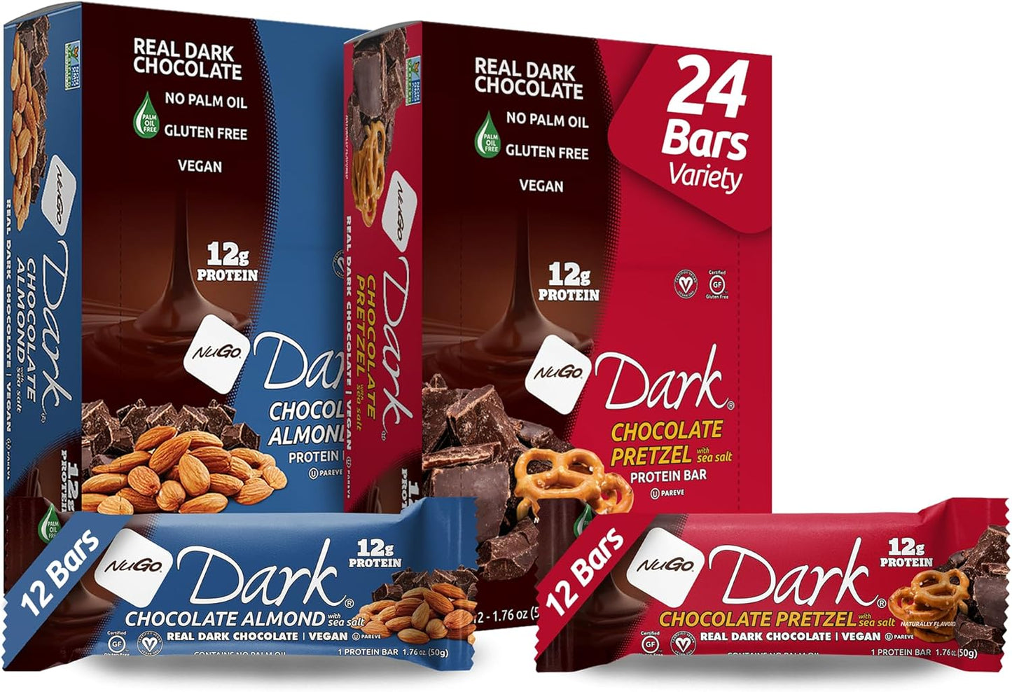 NuGo Dark Variety - Pretzel w/ Sea Salt 12 bars & New! Chocolate Almond w/ Sea Salt 12 bars, 12g Protein Bar, Vegan, Gluten Free, Non-GMO, Kosher Pareve, 24 count
