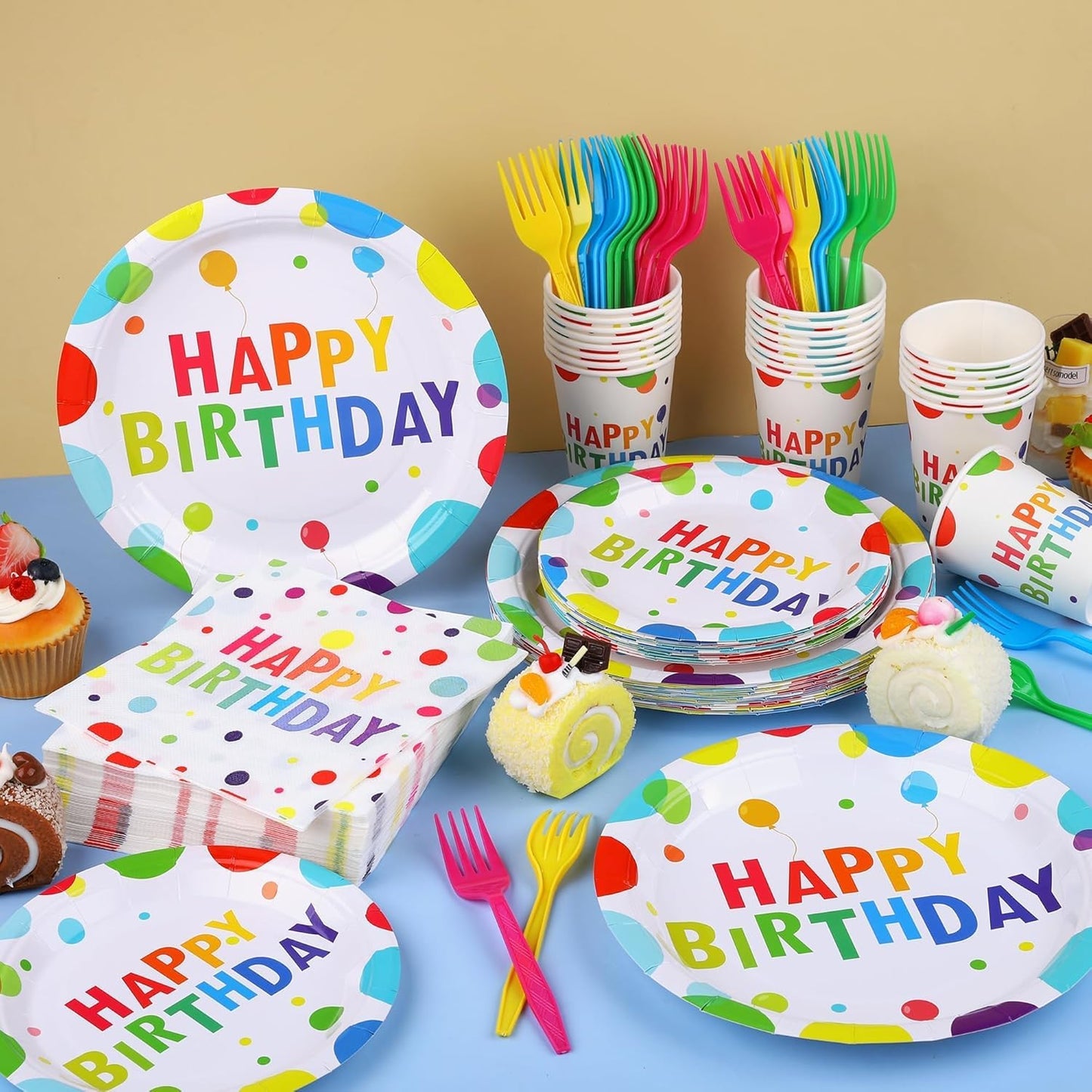 144 Pieces Happy Birthday Print Party Decorations Including Disposable Plates Napkins Cups Forks Tableware Sets Serves 24 for Birthday Party Supplies