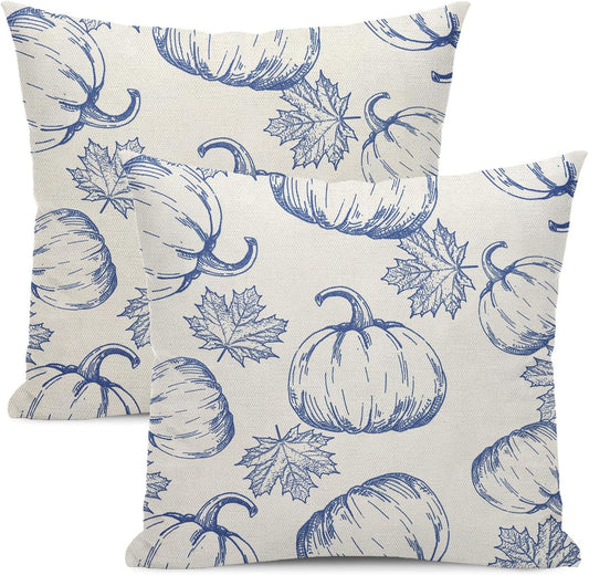 Fall Pillow Covers 18x18 Set Of 2 Navy Blue Pumpkin Maple Leaves Throw Pillow Cover Outdoor Decoration Fall Thanksgiving Decor Pillowcase For Autumn Decorative Linen Cushion Cover For Home Sofa