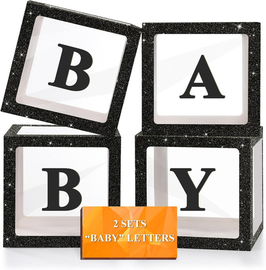 Ledido Baby Boxes with Letters for Baby Shower Decorations, 4 pcs Clear Baby Balloon Boxes for Baby Shower Decor with Letters for Boy Girl Gender Reveal Decorations Backdrop Party (Black Glitter)