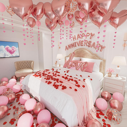 Anniversary Decorations, Happy Anniversary Banner, Pink Hanging String Hearts, Pink and Rose Gold Balloons, Love Balloon, Red Silk Rose Petals for Wedding Bridal Shower Bachelorette Party Decorations