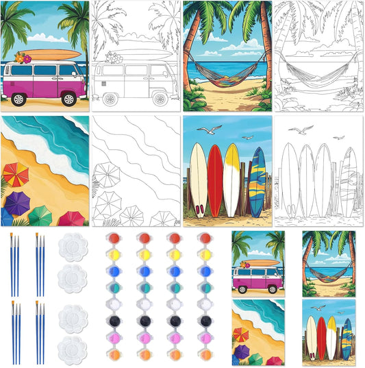 4 PCS Pre Drawn Canvas to Paint for Adults Summer Holiday Sip and Paint Kit Party Supplies Favor Couples Painting Kit Beach Date Night Canvas Painting Kit for Painting 8 x 10 Inch