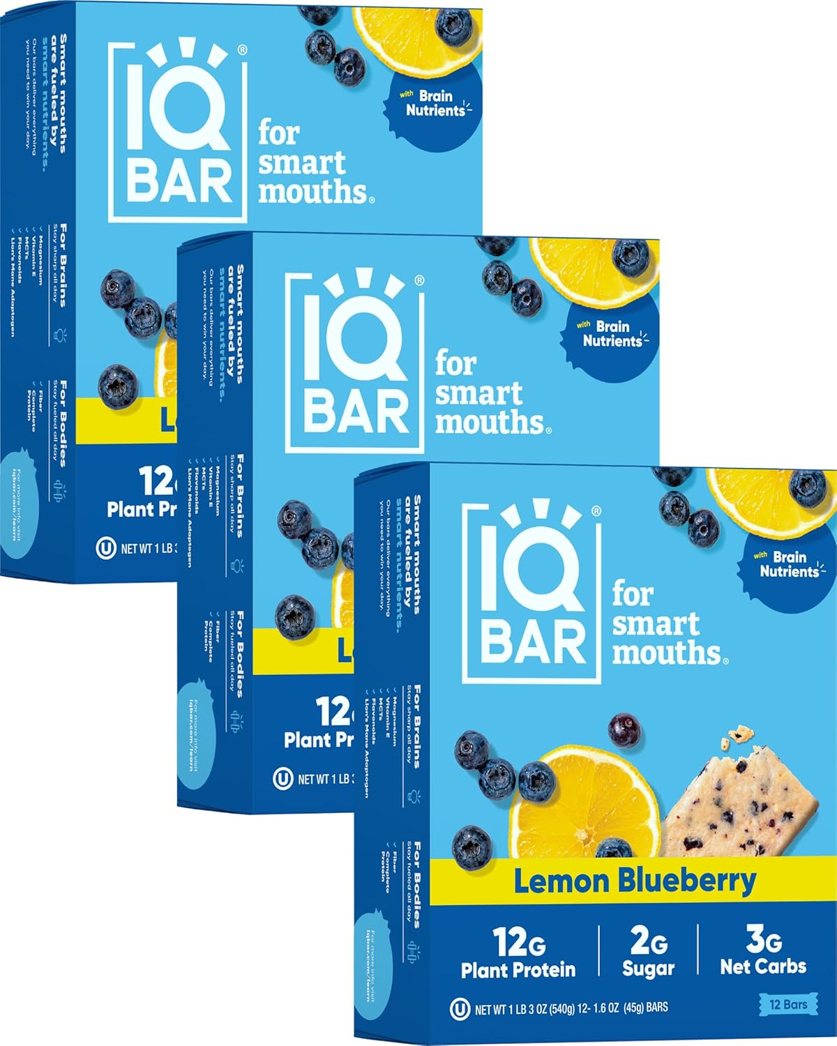 IQBAR Brain and Body Plant Protein Bars - Lemon Blueberry - 36-Count Low Carb - Gluten Free, High Fiber, Vegan Snacks - Low Sugar Meal Replacement