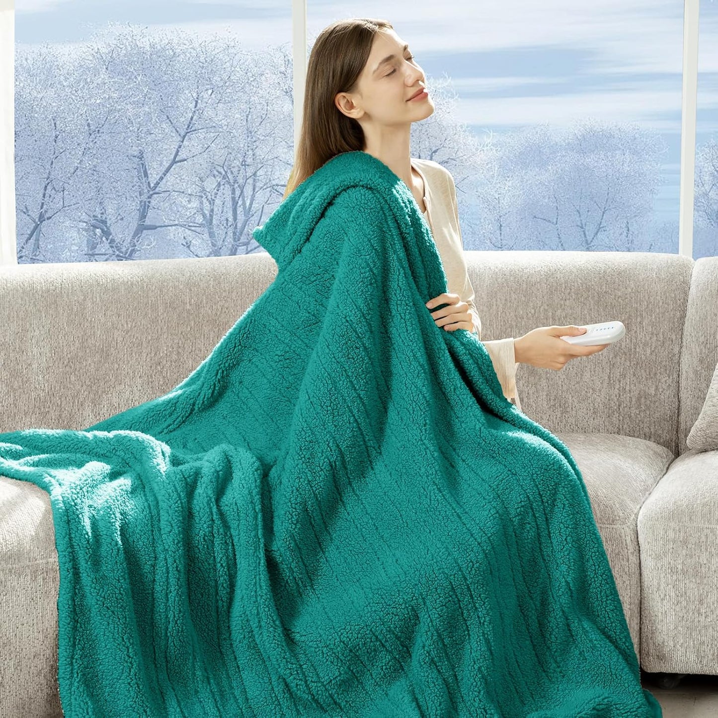 Heated Blanket Throw 50"X60" - Soft Double Sided Sherpa Electric Blanket Throw with 5 Heatings Levels & 4 hrs Auto Shut Off, Overheat Protection & ETL Certified for Women(Green)