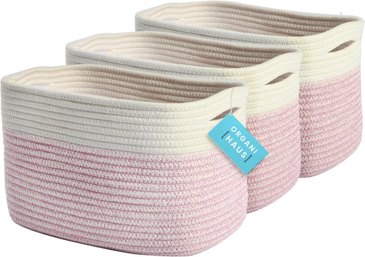 OrganiHaus Set of 3 Pink Woven Baskets for Organizing, Cotton Rope Basket for Decor, Shoe Basket Organizers & Storage, Decorative Storage Baskets & Bins, Cute Storage Basket for Toys & Cloths